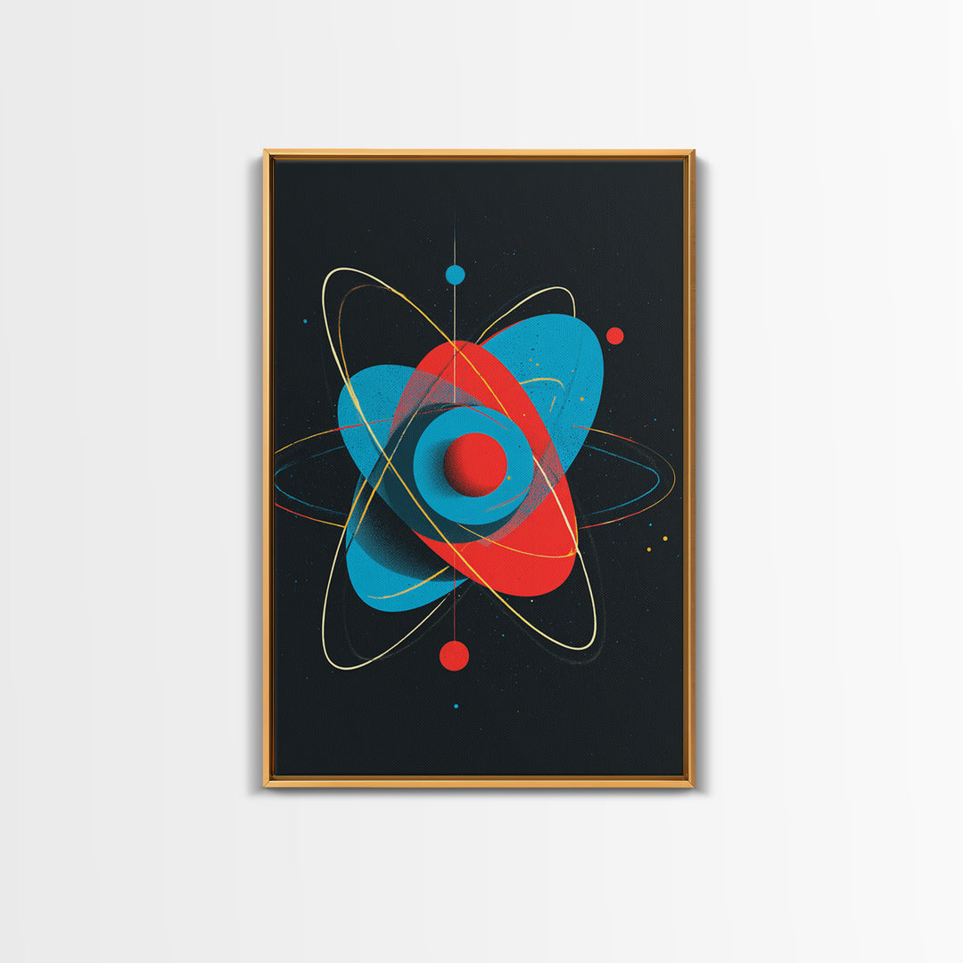 Modern Red Blue Atom Canvas Print, Midcentury Modern Art, Atomic Retro Wall Decor, Space Abstract Poster For Living Room
