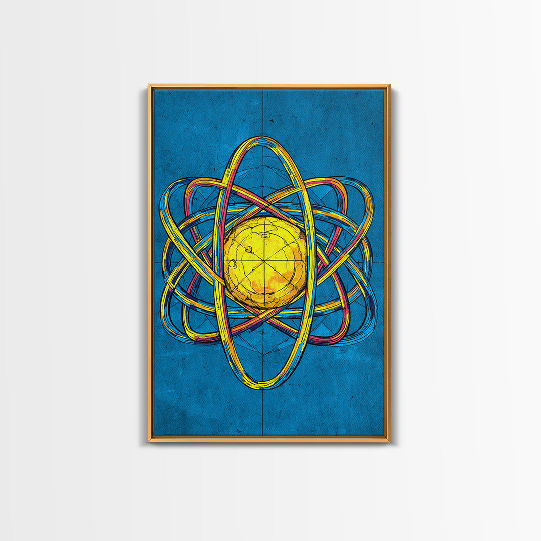 Electric Blue Atom Framed Canvas Print, Midcentury Modern Wall Art, Retro Science Poster, Yellow Orb Decor For Home Office