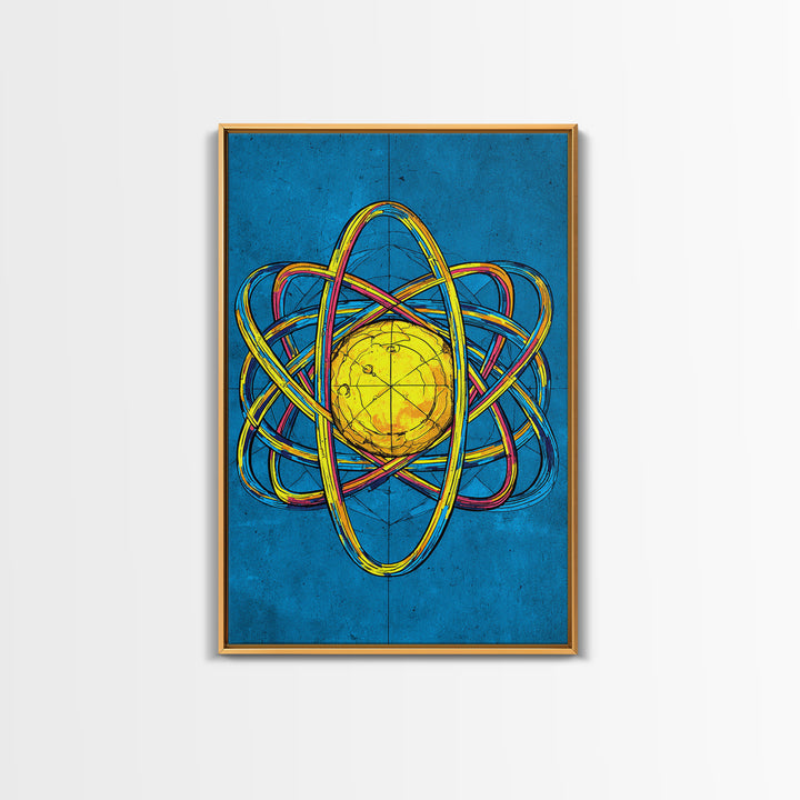 Electric Blue Atom Framed Canvas Print, Midcentury Modern Wall Art, Retro Science Poster, Yellow Orb Decor For Home Office