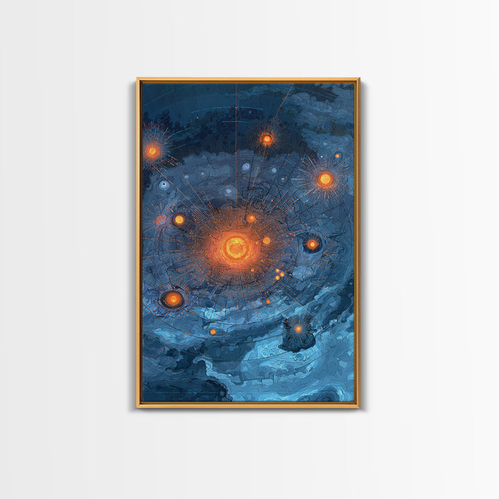 Blue Orange Planetary Orbit Canvas Print, Midcentury Modern Abstract Space Art, Atomic Poster, Geometric Office Decor Gift
