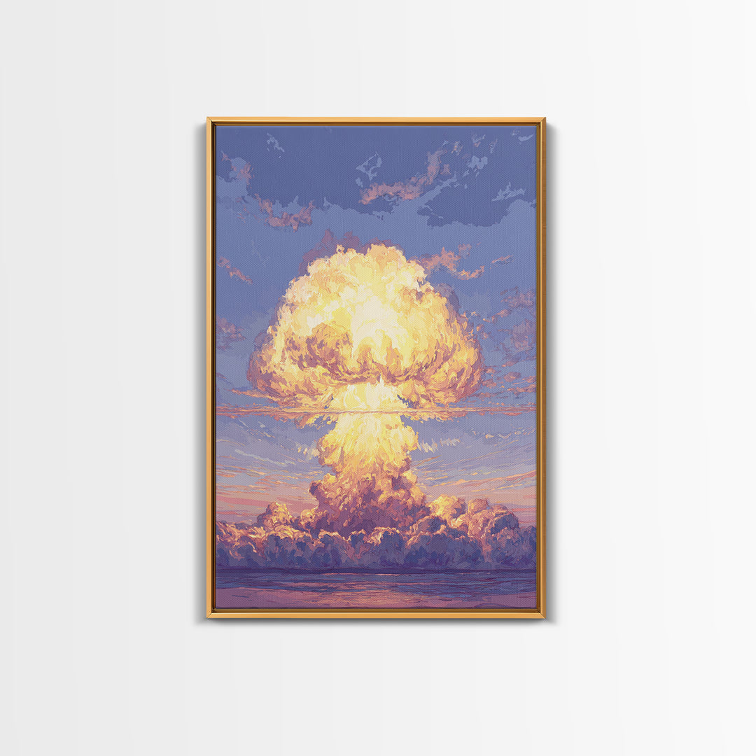 Glowing Nuclear Mushroom Cloud Over Ocean Wall Art, Retro Sci Fi Poster, Atomic Sunset Print, Dramatic Modern Wall Decor