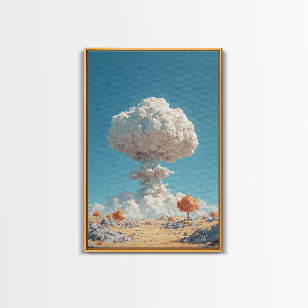White Mushroom Cloud In Desert Landscape Framed Canvas Print, Surreal Atomic Art, Modern Wall Decor, Blue Sky Poster Print