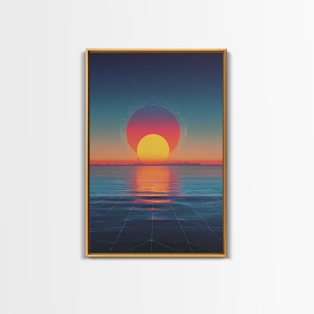 Neon Sunset Over Ocean Grid Wall Art, Synthwave Retro Poster, Vaporwave Modern Wall Decor, 80s Digital Art Print, Futuristic Decor