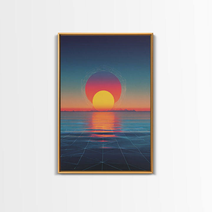 Neon Sunset Over Ocean Grid Wall Art, Synthwave Retro Poster, Vaporwave Modern Wall Decor, 80s Digital Art Print, Futuristic Decor