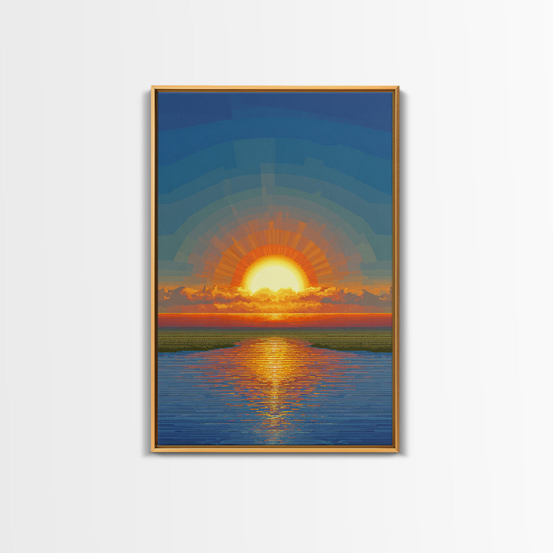 Golden Sunrise Over Calm Water Wall Art, Pixel Style Midcentury Poster, Modern Abstract Landscape, Living Room Decor Print