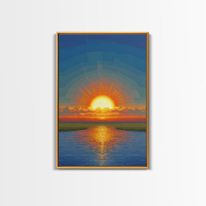 Golden Sunrise Over Calm Water Wall Art, Pixel Style Midcentury Poster, Modern Abstract Landscape, Living Room Decor Print