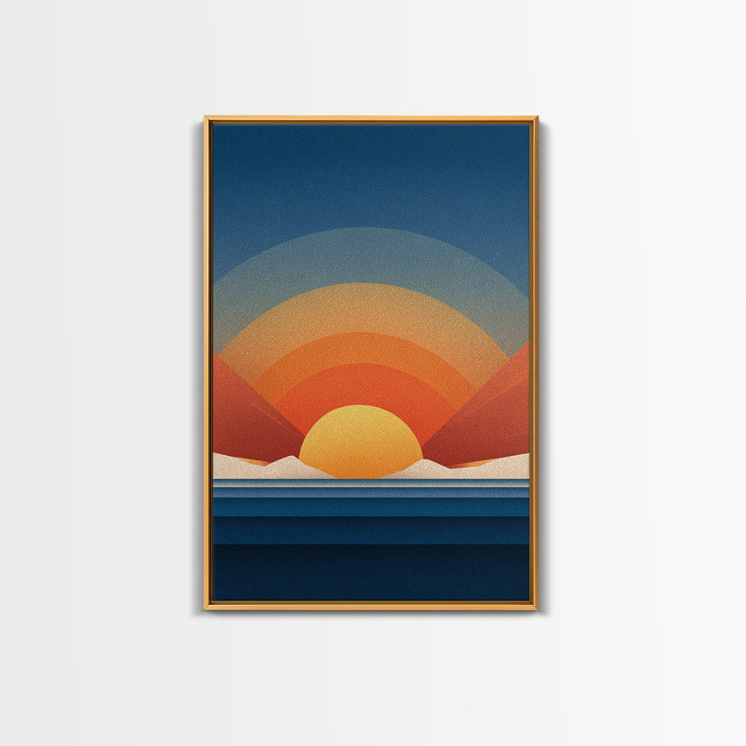 Geometric Desert Sunrise With Red Mountains Framed Canvas Print, Midcentury Modern Wall Art, Orange Blue Abstract Decor Poster