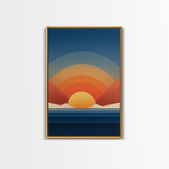 Geometric Desert Sunrise With Red Mountains Framed Canvas Print, Midcentury Modern Wall Art, Orange Blue Abstract Decor Poster