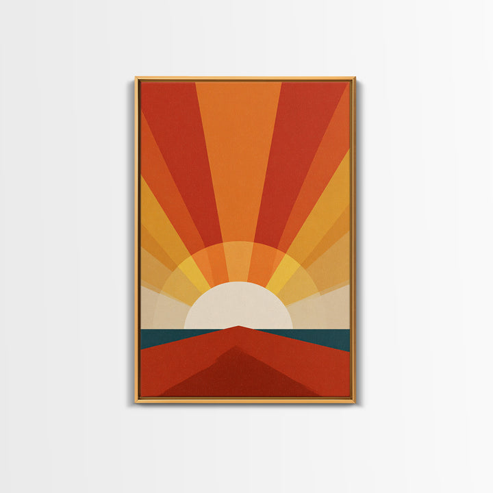 Bold Retro Sunrise Rays Over Ocean Road Canvas Print, 70s Wall Art Poster, Midcentury Modern Decor, Orange Sun Print Gift