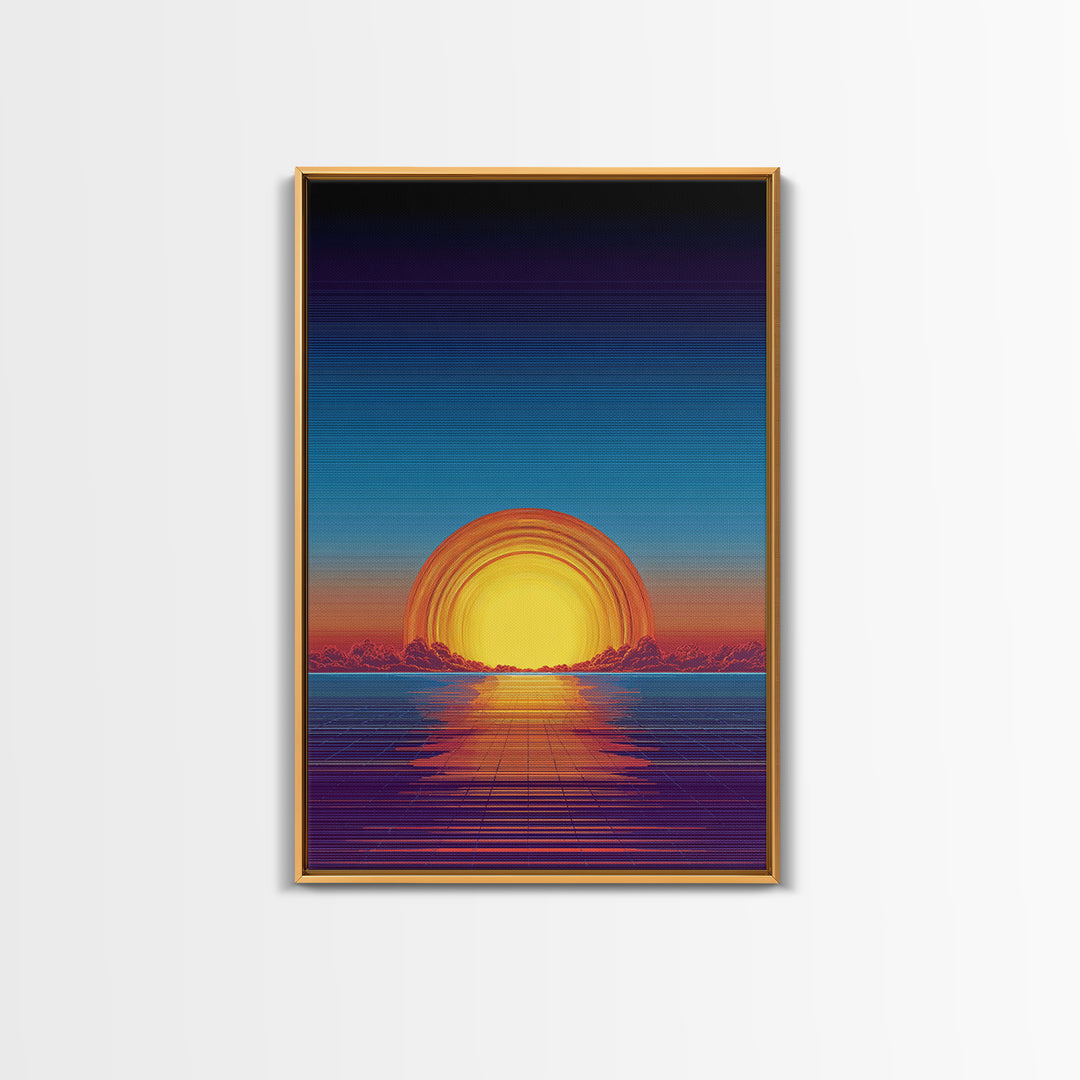 Neon Retro Sunset Over Ocean Grid Wall Art, Synthwave 80s Poster, Vaporwave Decor, Modern Digital Art, Blue Orange Print