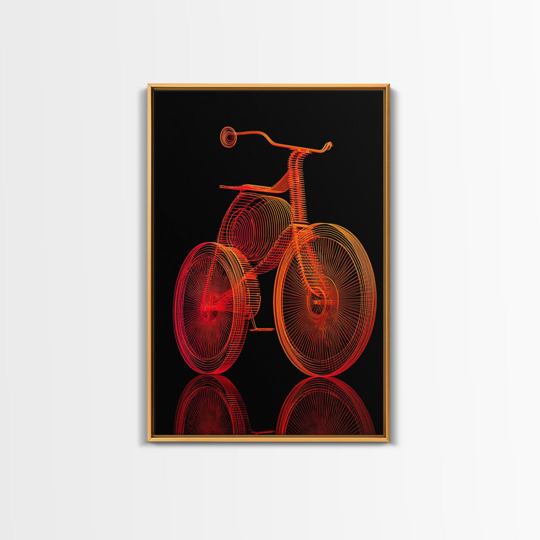 Neon Orange Tricycle Line Art Canvas Print, Black Background Retro Poster, Modern Digital Art, Atomic Decor, Kids Room Art