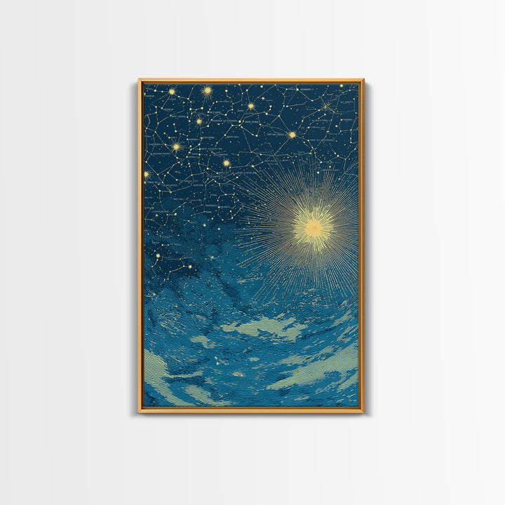 Blue Gold Celestial Starburst Canvas Print, Constellation Night Sky Wall Art, Space Abstract Art, Modern Poster, Spiritual Decor