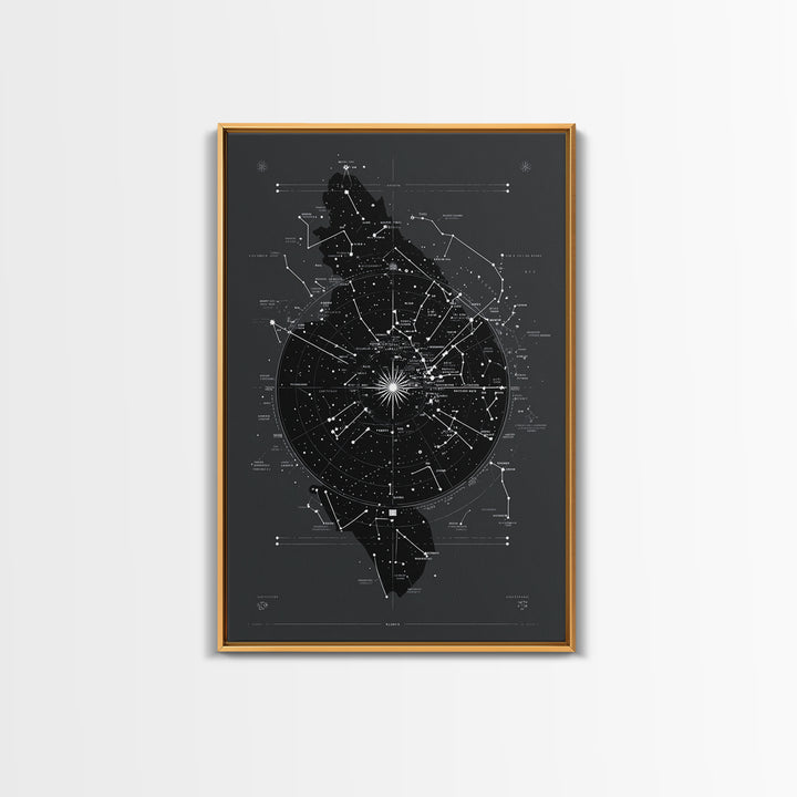 Dark Celestial Star Map Canvas Print, Constellation Wall Art, Cosmic Geometric Poster, Modern Sci Fi Office Home Decor Gift