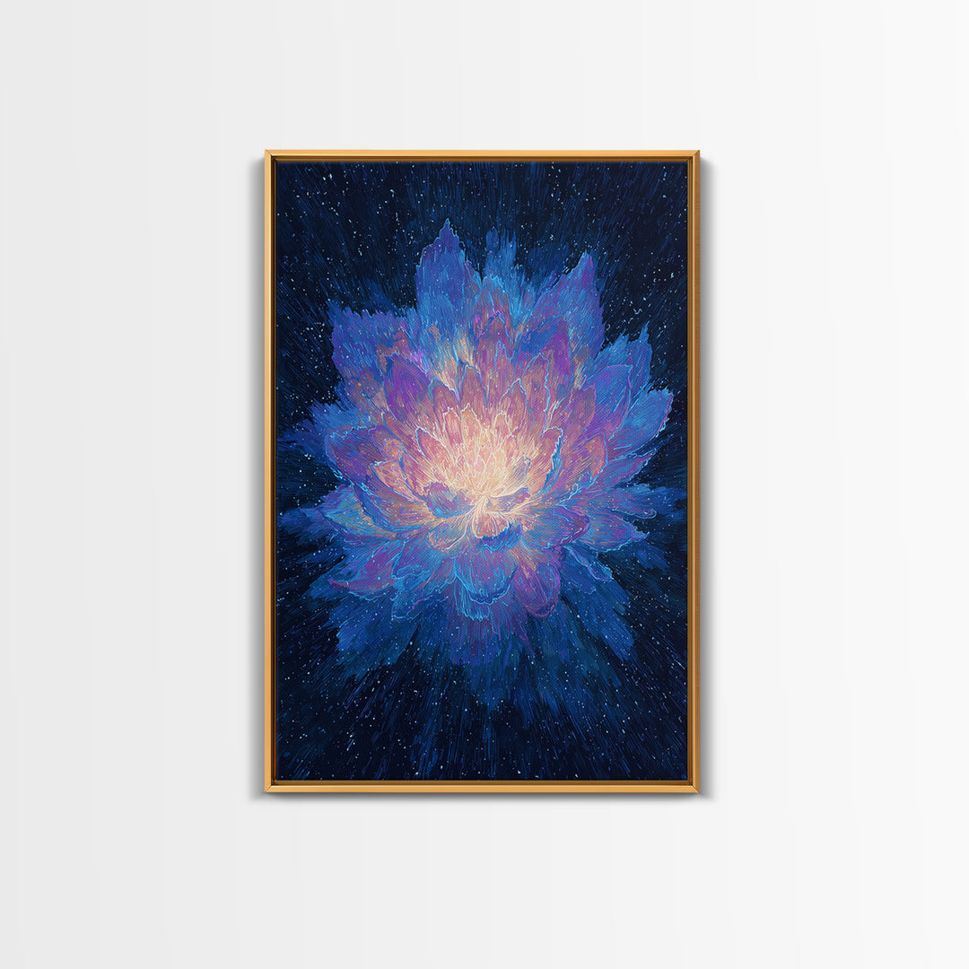 Radiant Blue Lotus Canvas Print, Spiritual Floral Wall Art, Luminous Abstract Flower Poster, Yoga Meditation Room Decor Gift
