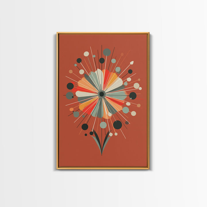 Rust Orange Atomic Flower Wall Art, Midcentury Modern Canvas Print, Geometric Retro Poster, MCM Living Room Decor Gift Idea