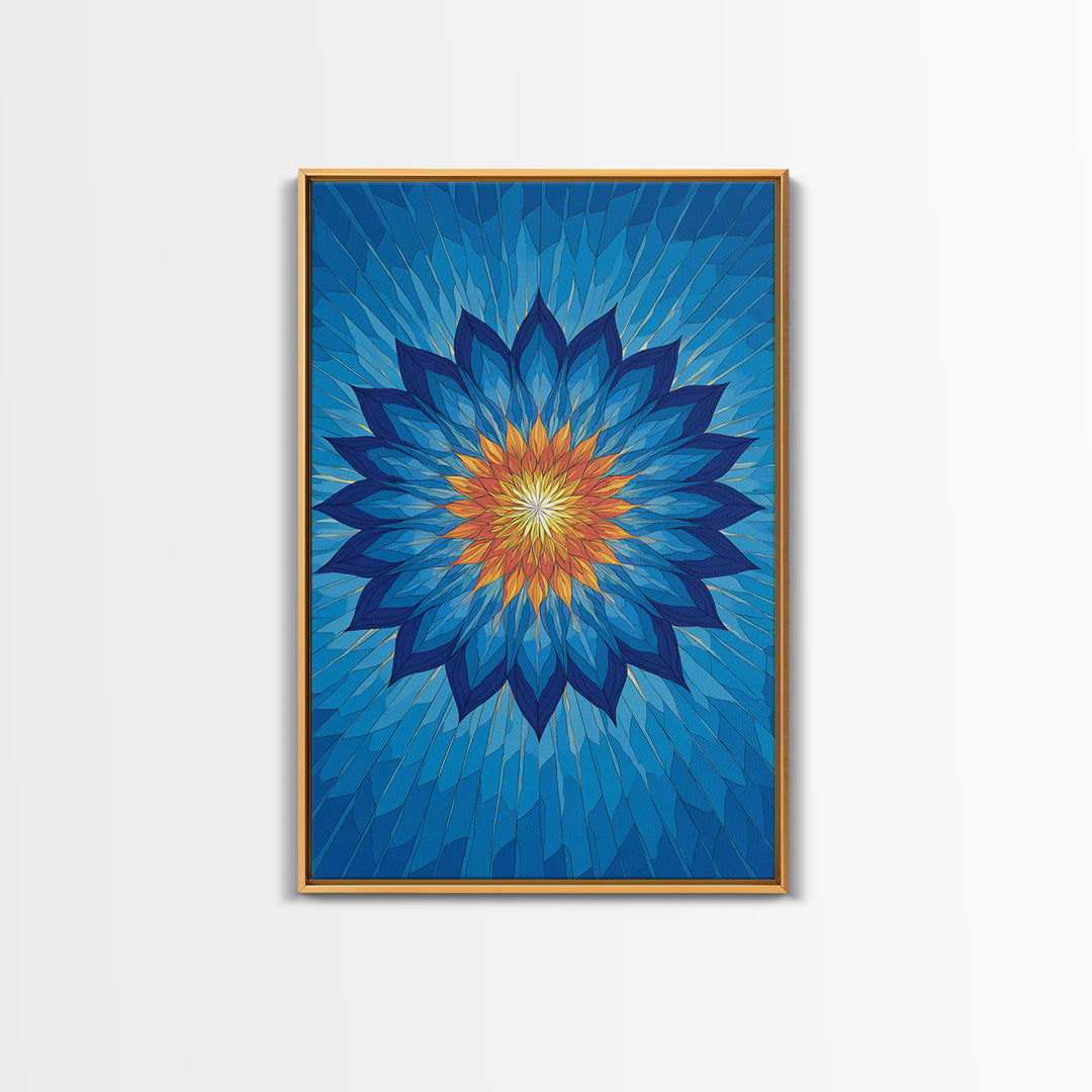 Blue Geometric Lotus Mandala Canvas Print, Abstract Floral Wall Art, Modern Spiritual Poster, Yoga Meditation Decor Gift Idea