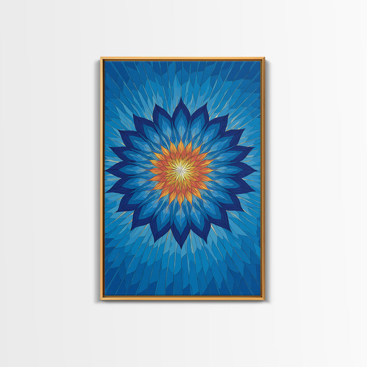 Blue Geometric Lotus Mandala Canvas Print, Abstract Floral Wall Art, Modern Spiritual Poster, Yoga Meditation Decor Gift Idea