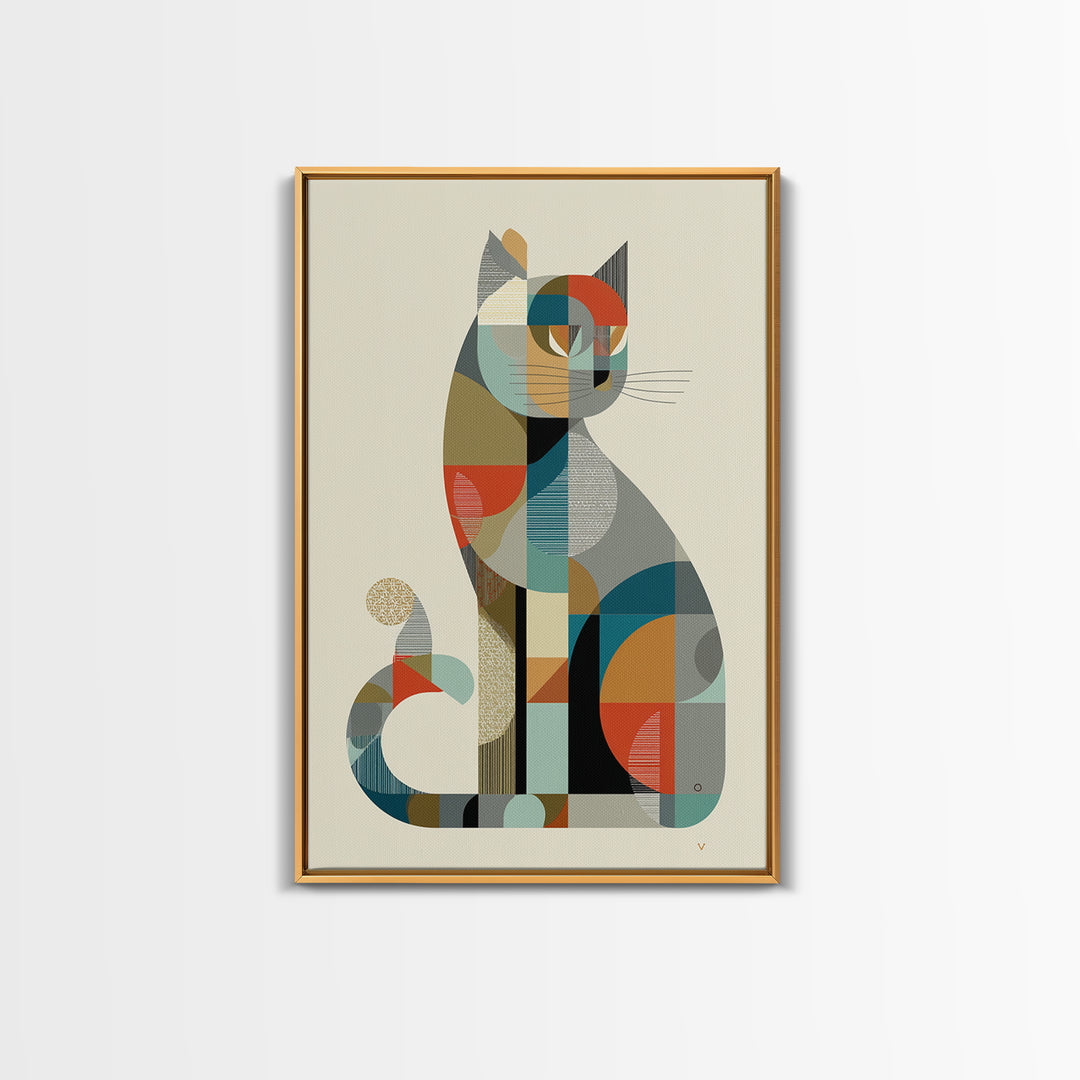 Minimalist Geometric Cat Framed Canvas Print, Midcentury Modern Animal Art, Bauhaus Poster, Neutral Scandinavian Decor Gift