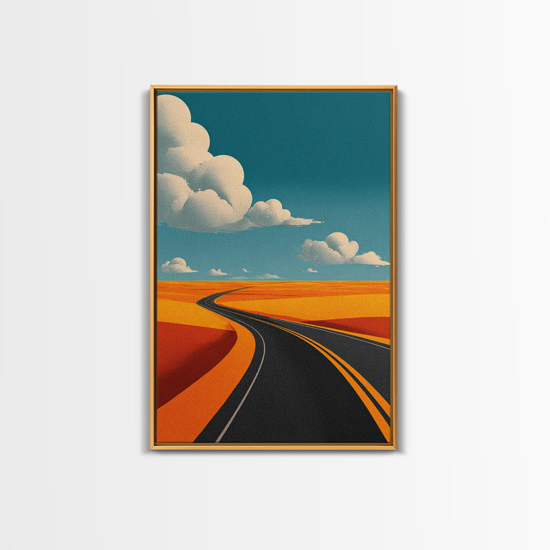 Curving Blacktop Across Orange Desert Canvas Print, Mid Century Modern Wall Art, Retro Road Trip Landscape Poster Home Decor