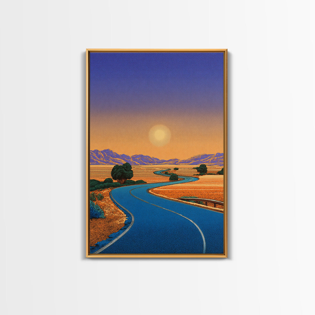 Golden Sunset Road Through Valley Wall Art, Mid Century Modern Landscape Print, Retro California Desert Home Decor Poster