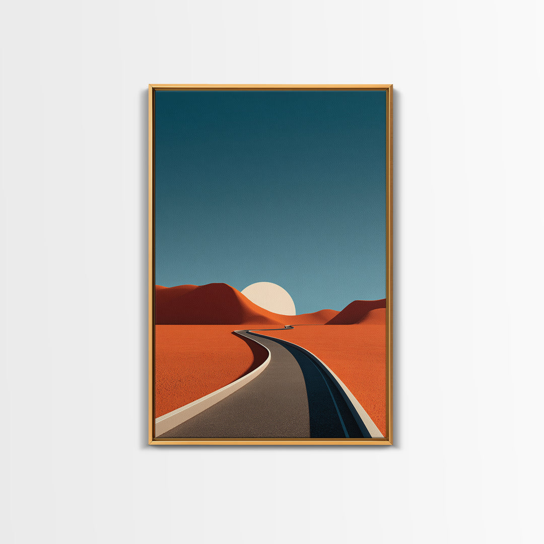 Minimal Desert Road With Low Sun Framed Canvas Print, Modern Abstract Wall Art, Midcentury Southwest Landscape Decor Poster