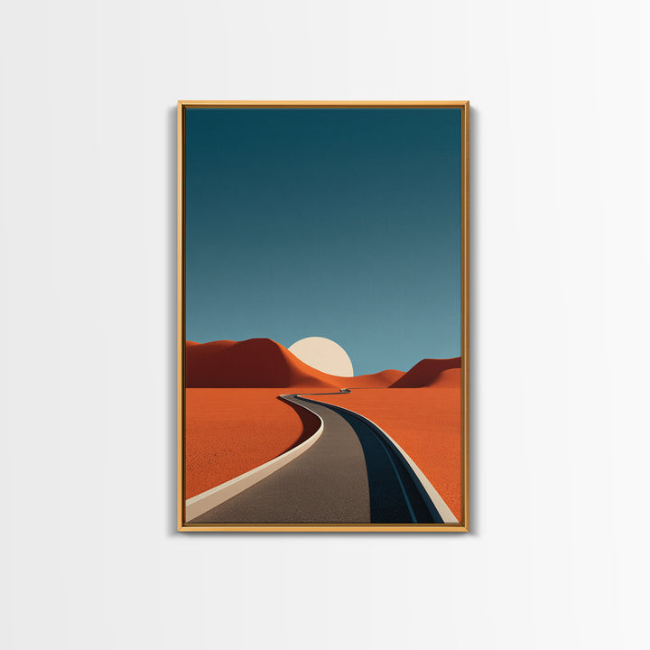 Minimal Desert Road With Low Sun Framed Canvas Print, Modern Abstract Wall Art, Midcentury Southwest Landscape Decor Poster