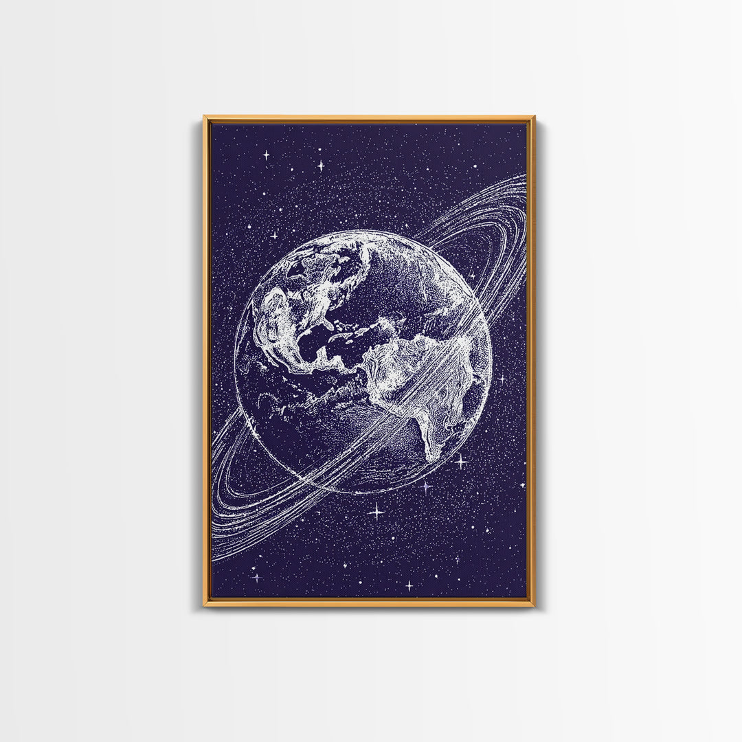 Purple Starry Earth With Saturn Rings Canvas Print, Cosmic Retro Wall Art, Modern Space Poster For Bedroom Decor Gift Print