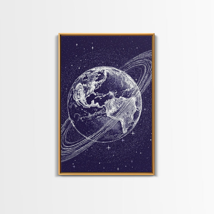 Purple Starry Earth With Saturn Rings Canvas Print, Cosmic Retro Wall Art, Modern Space Poster For Bedroom Decor Gift Print