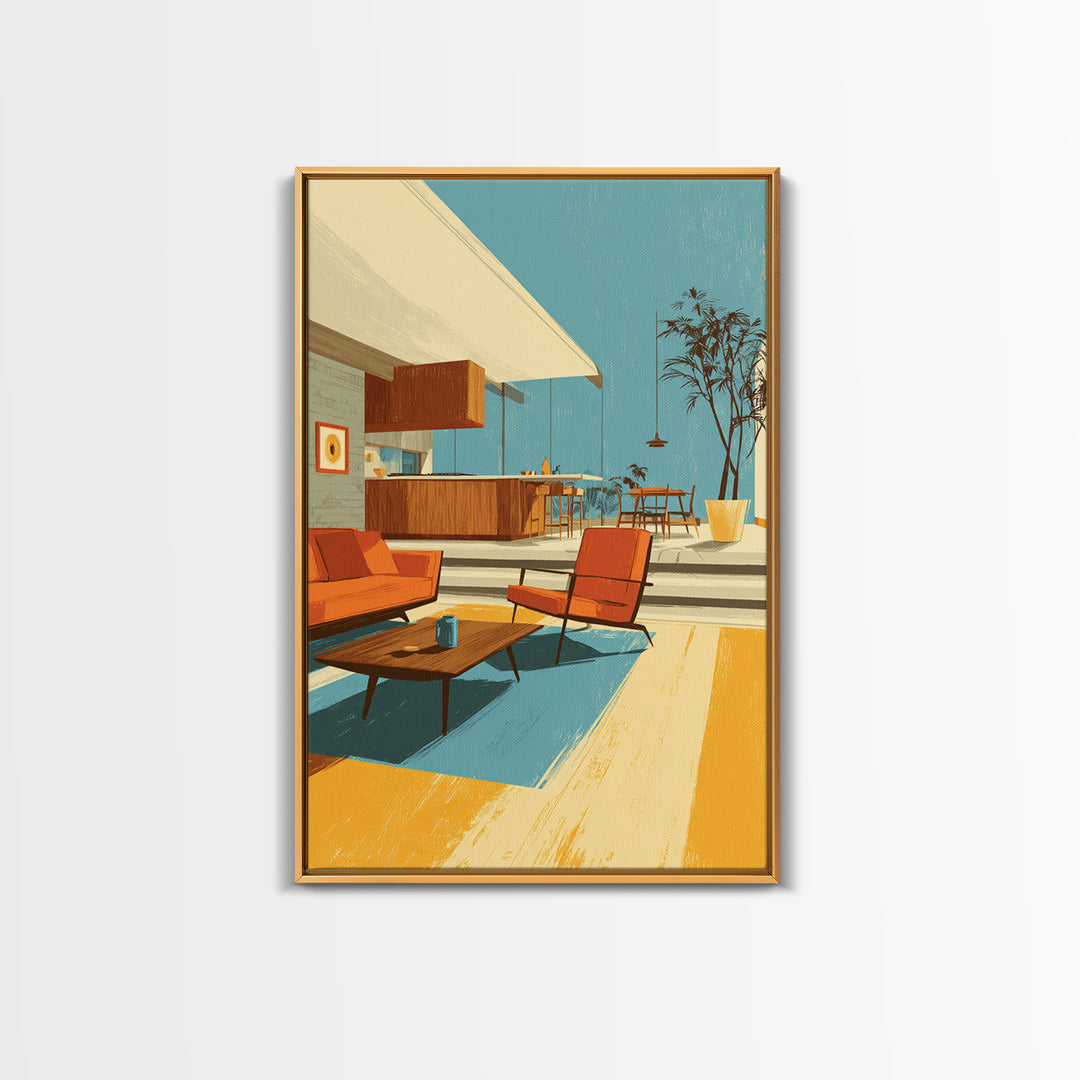 Orange Patio Chairs And Sunny Kitchen Wall Art, Midcentury Modern Decor, Retro Palm Springs Canvas Print, Bright Home Decor