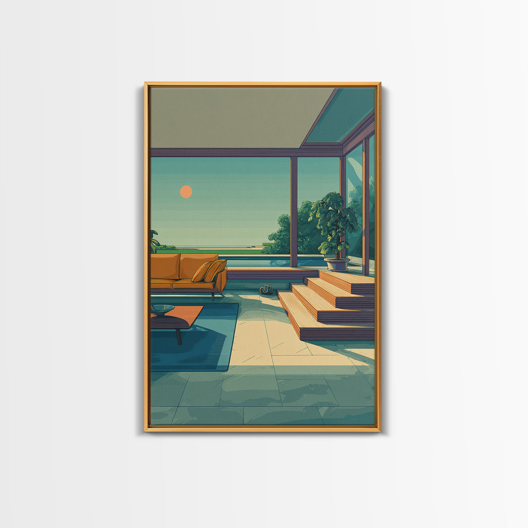 Orange Sofa Ocean View Living Room Canvas Print, Midcentury Modern Wall Art, Coastal Sunset Decor, Retro Home Office Poster