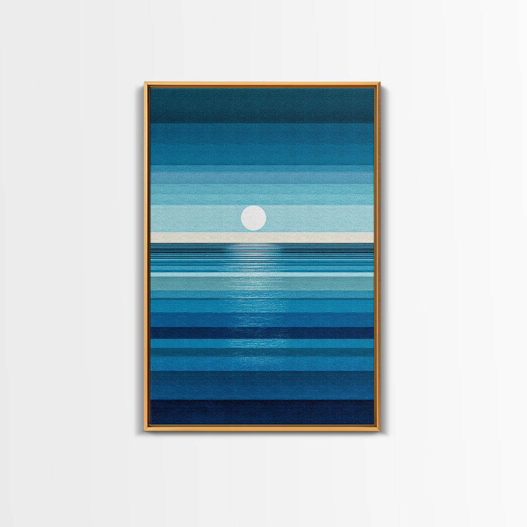 Minimal Blue Ocean Moon Stripes Wall Art, Modern Abstract Art Print, Coastal Bedroom Decor, Scandinavian Modern Canvas Print