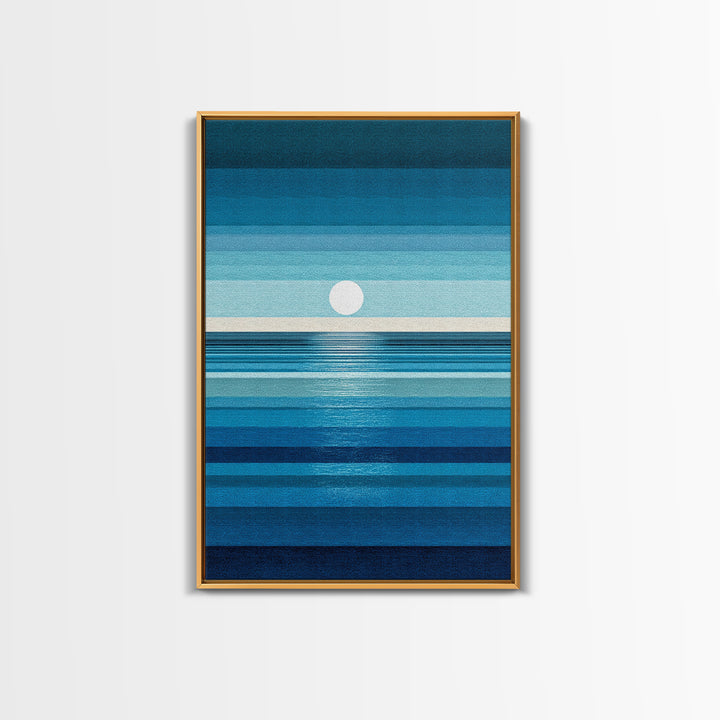 Minimal Blue Ocean Moon Stripes Wall Art, Modern Abstract Art Print, Coastal Bedroom Decor, Scandinavian Modern Canvas Print