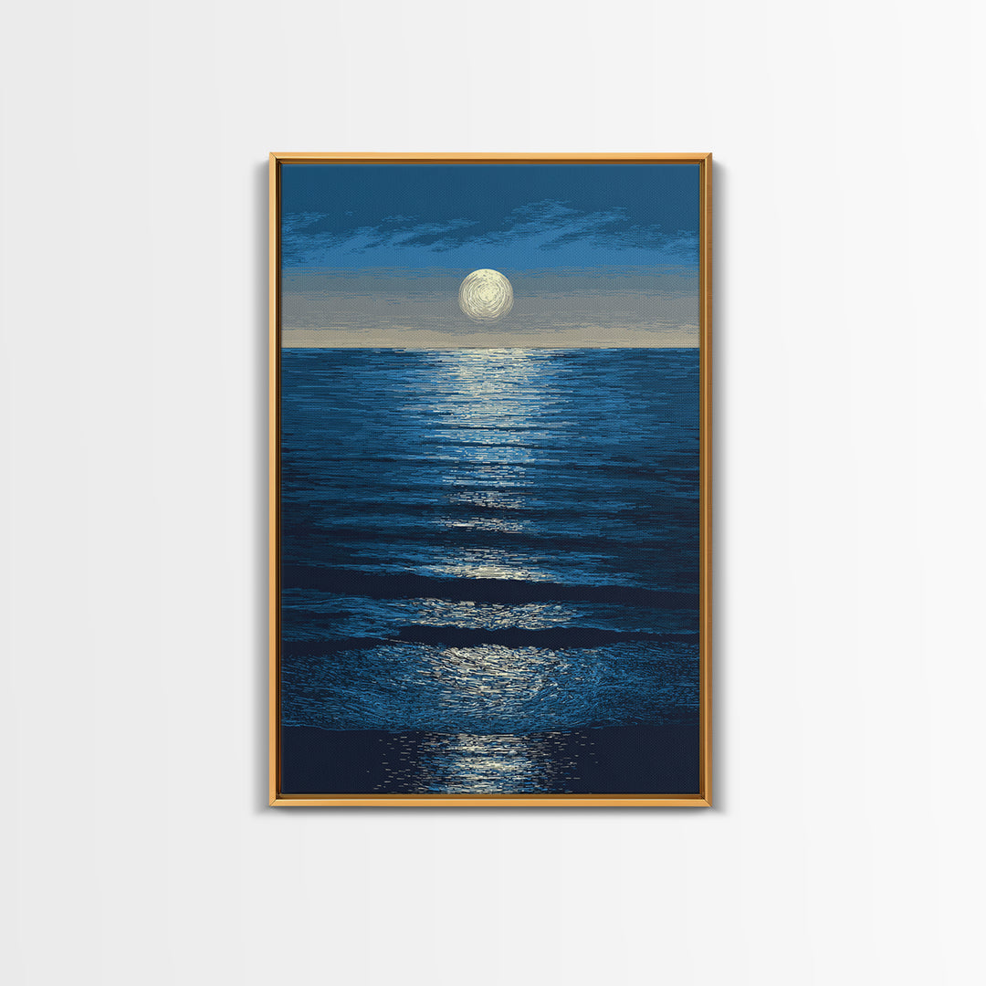 Moonlit Ocean Reflection Framed Canvas Print, Blue Wall Art, Modern Seascape Poster, Coastal Living Room And Bedroom Decor