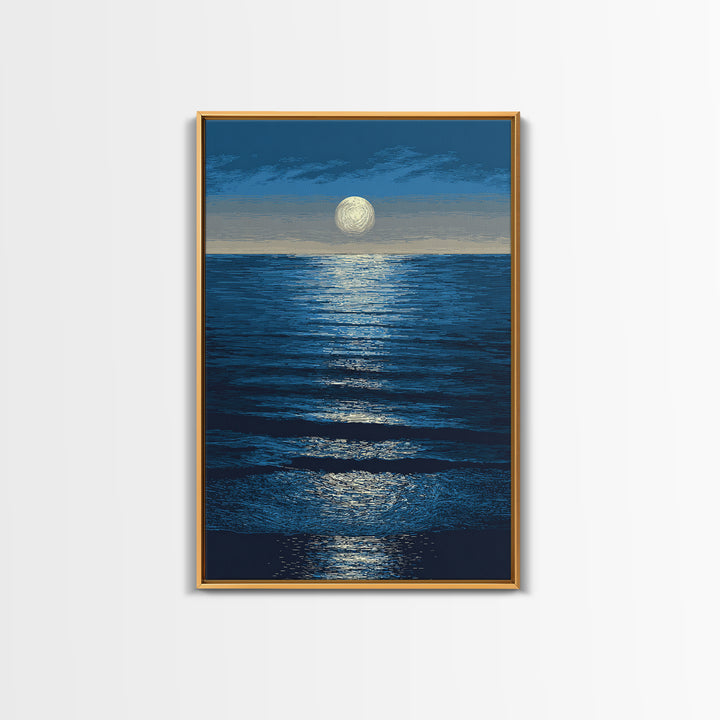 Moonlit Ocean Reflection Framed Canvas Print, Blue Wall Art, Modern Seascape Poster, Coastal Living Room And Bedroom Decor