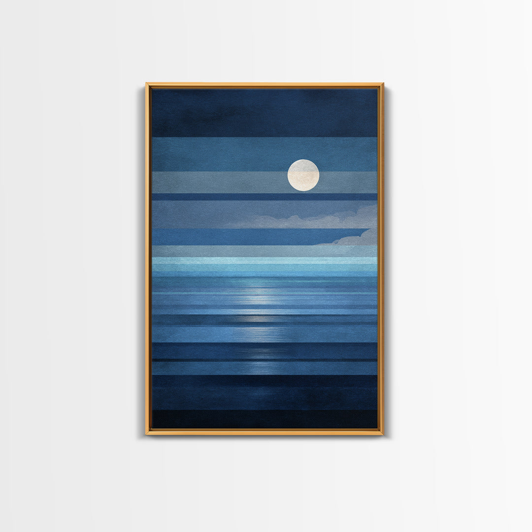 Minimalist Blue Moon Seascape Wall Art, Modern Abstract Ocean Print, Coastal Bedroom Decor, Large Canvas Print For Living Room