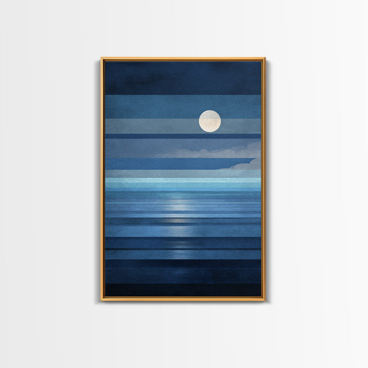 Minimalist Blue Moon Seascape Wall Art, Modern Abstract Ocean Print, Coastal Bedroom Decor, Large Canvas Print For Living Room