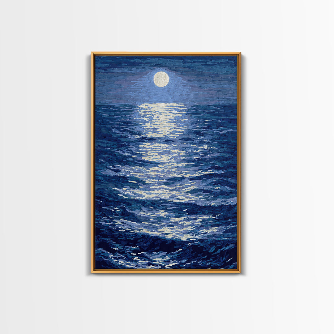 Textured Moonlit Waves Canvas Print, Blue Wall Art, Coastal Seascape Painting, Modern Living Room Decor, Ocean Art Print
