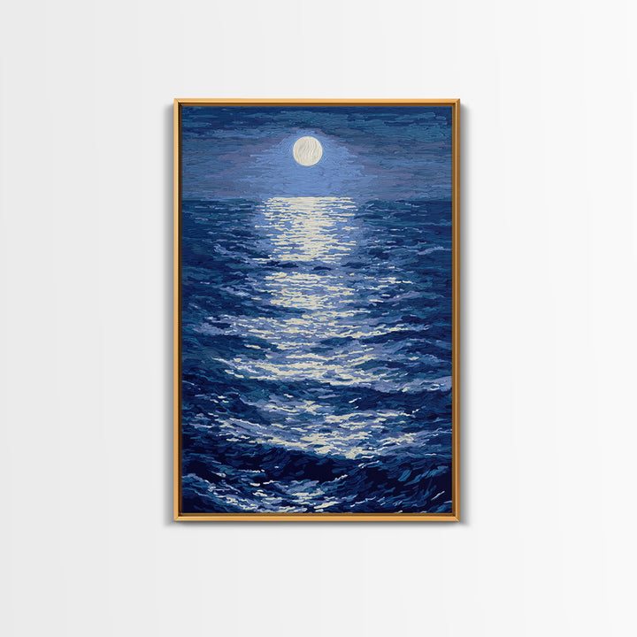 Textured Moonlit Waves Canvas Print, Blue Wall Art, Coastal Seascape Painting, Modern Living Room Decor, Ocean Art Print