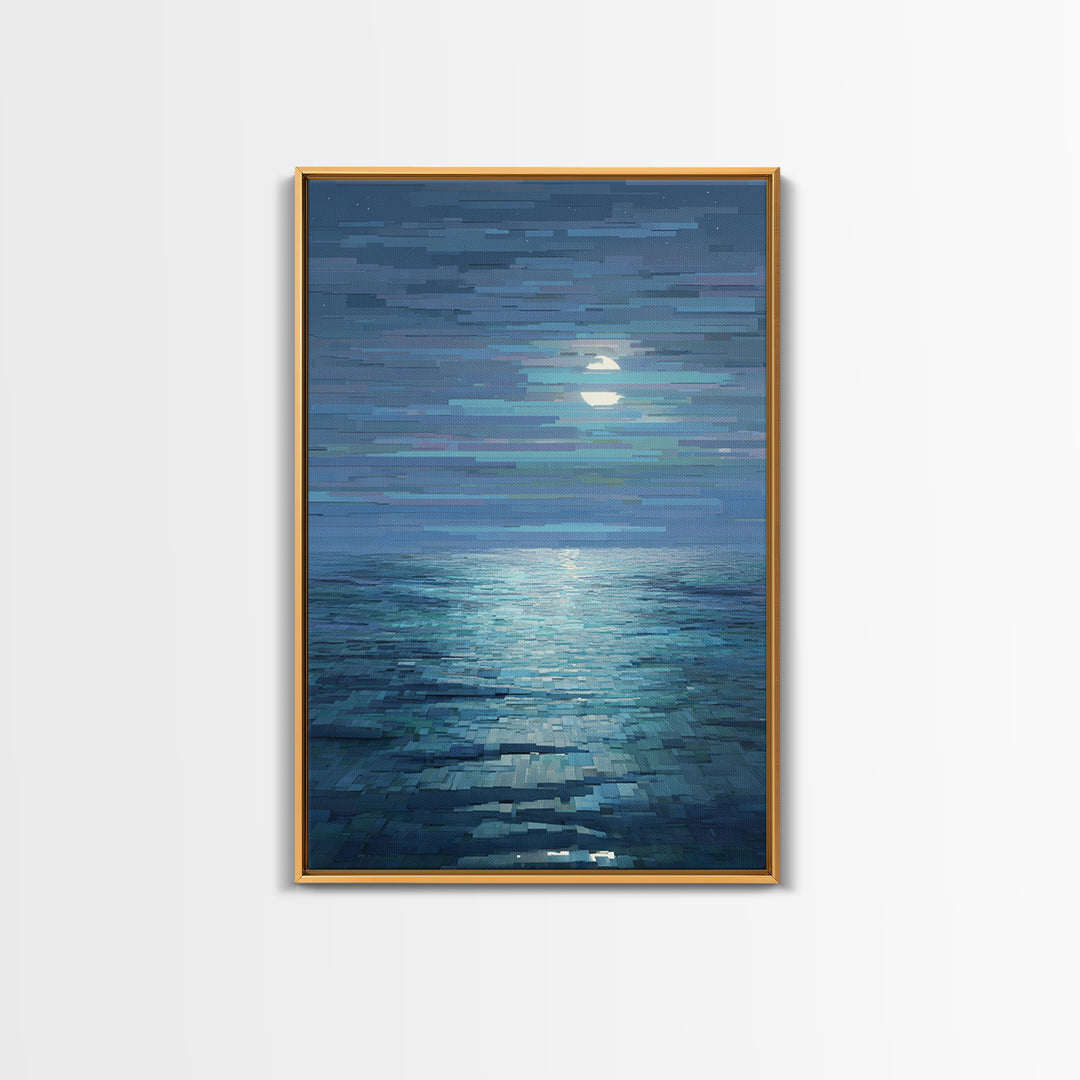 Pixelated Moon Over Calm Sea Wall Art, Modern Digital Art, Blue Coastal Canvas Print, Abstract Seascape Living Room Decor