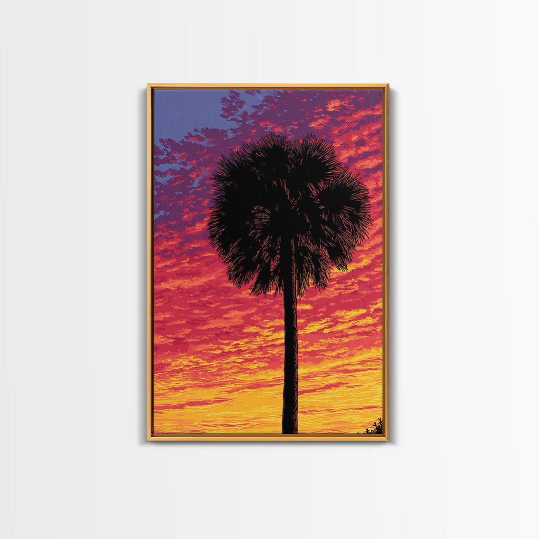 Fiery Palmetto Silhouette In Magenta Sunset Wall Art, Retro Tropical Poster, Palm Springs Decor, Bold Coastal Art Print Gift