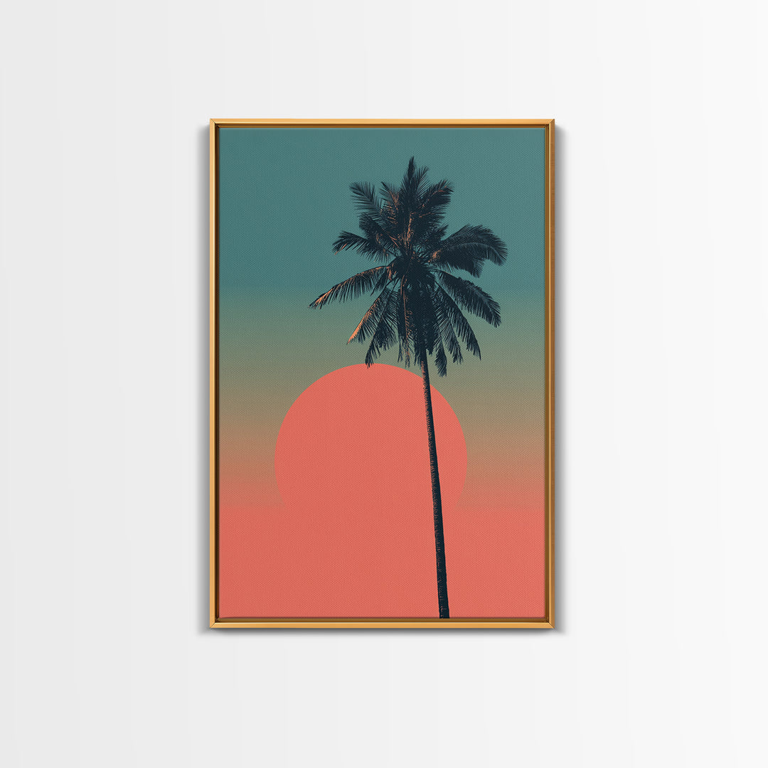 Minimal Palm Tree With Coral Sun Canvas Print, Retro Tropical Poster, Palm Springs Decor, Mid Century Modern Wall Art Print