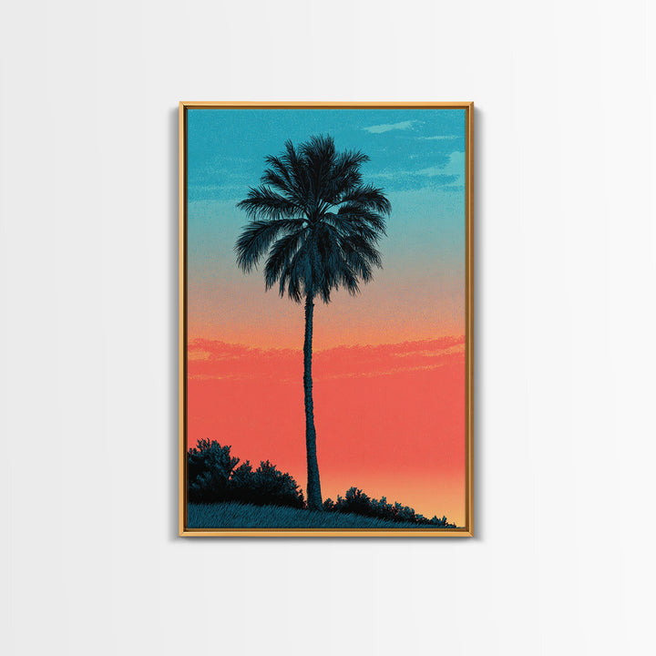 Tall Palm Silhouette In Turquoise Coral Sunset Wall Art, Retro Tropical Poster, Palm Springs Decor, Coastal Home Art Print