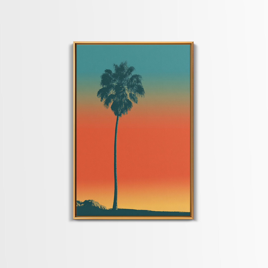 Lone Palm Tree On Orange Teal Horizon Canvas Print, Minimal Retro Tropical Poster, Palm Springs Decor, Coastal Wall Art Print