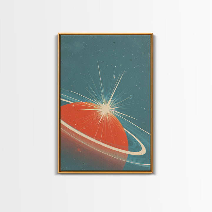 Retro Ringed Planet With Starburst Framed Canvas Print, Mid Century Modern Wall Art, Space Abstract Poster, Sci Fi Decor