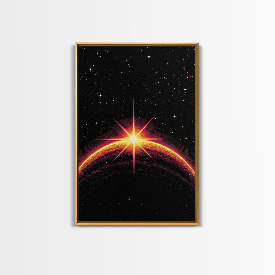 Cosmic Sunrise Over Dark Planet Wall Art, Retro Sci Fi Poster, Space Abstract Art Print, Mid Century Modern Decor, Starry Room Decor