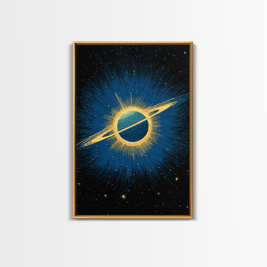 Blue Saturn Eclipse Burst Canvas Print, Retro Sci Fi Space Poster, Modern Wall Art, Midcentury Cosmic Decor, Galaxy Gift