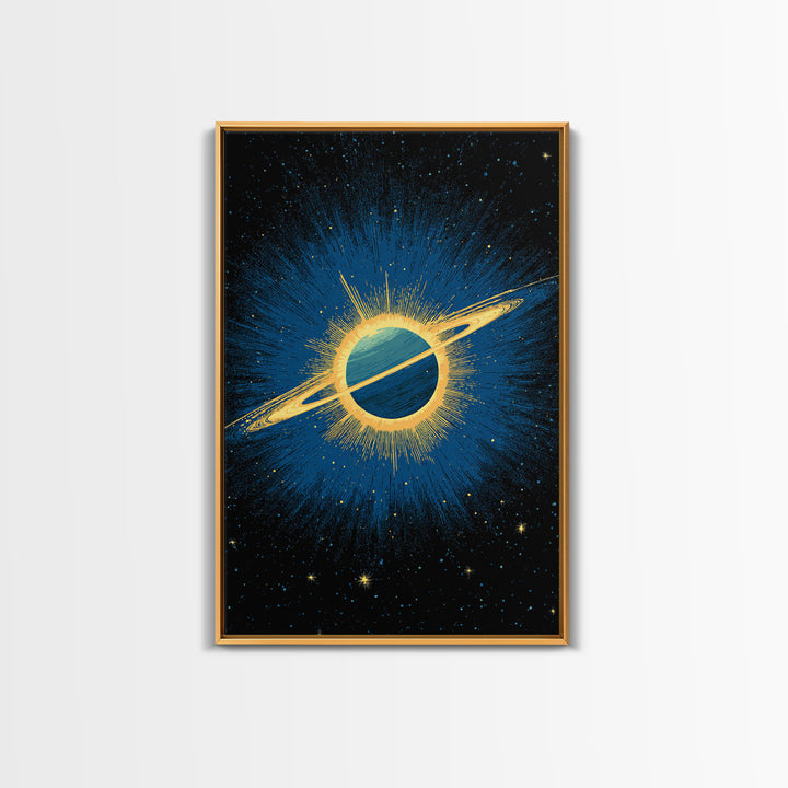 Blue Saturn Eclipse Burst Canvas Print, Retro Sci Fi Space Poster, Modern Wall Art, Midcentury Cosmic Decor, Galaxy Gift