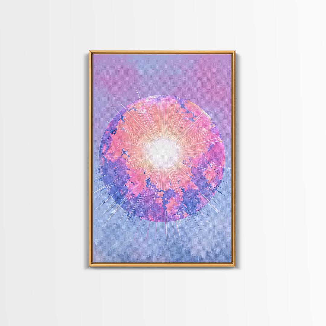 Pink Glowing Planet Over Skyline Wall Art, Pastel Sci Fi Poster, Modern Art Print, Dreamy Space Decor, Retro Galaxy Gift