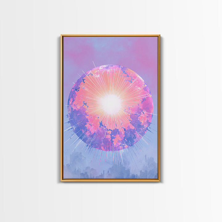 Pink Glowing Planet Over Skyline Wall Art, Pastel Sci Fi Poster, Modern Art Print, Dreamy Space Decor, Retro Galaxy Gift
