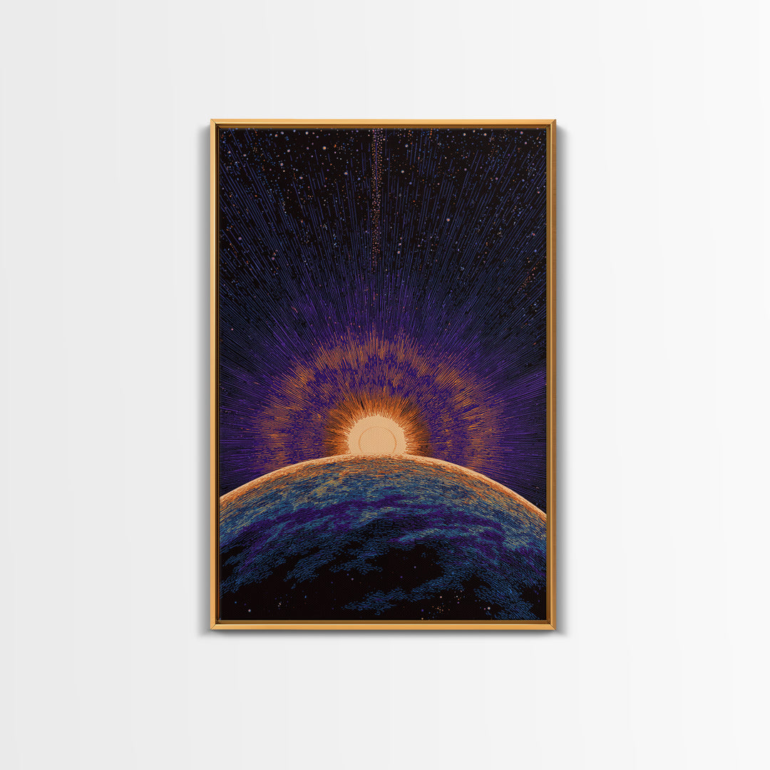 Purple Planet Sunrise Horizon Canvas Print, Retro Sci Fi Space Poster, Modern Wall Art, Midcentury Starburst Decor Gift Idea